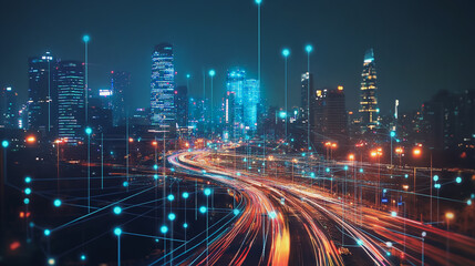 Obraz premium Smart digital Innovation city with connection network reciprocity over the cityscape. of future smart wireless digital city and social media networking systems that connects people with in city