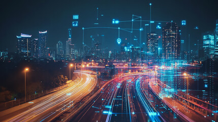 Fototapeta premium Smart digital Innovation city with connection network reciprocity over the cityscape. of future smart wireless digital city and social media networking systems that connects people with in city