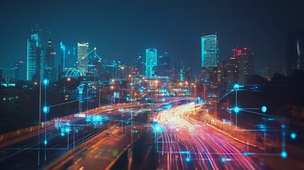 Smart digital Innovation city with connection network reciprocity over the cityscape. of future smart wireless digital city and social media networking systems that connects people with in city