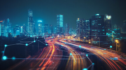 Fototapeta premium Smart digital Innovation city with connection network reciprocity over the cityscape. of future smart wireless digital city and social media networking systems that connects people with in city