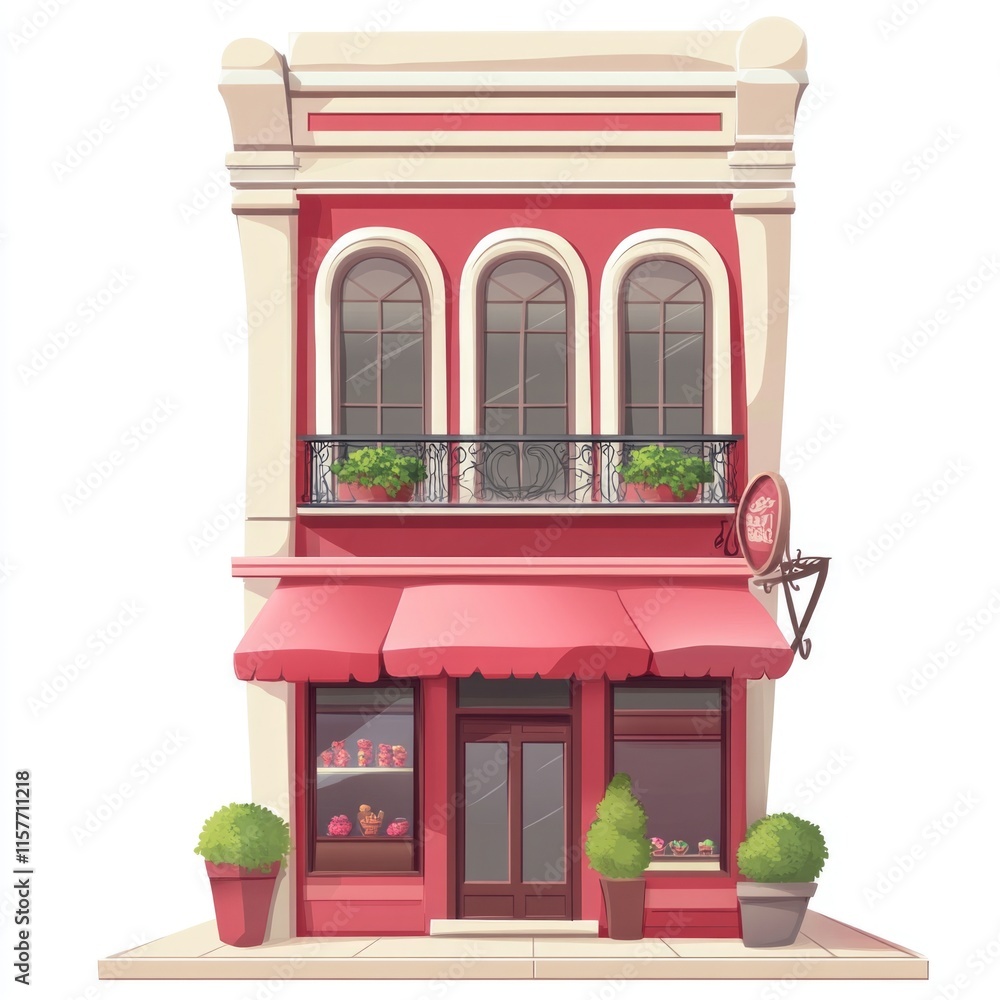 Poster building with a bright red awning on the front, perfect for use in travel, cityscape or architecture
