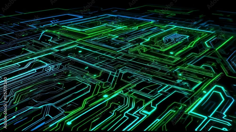 Poster exploring intricate digital circuits and patterns in a vibrant green and blue design. generative ai
