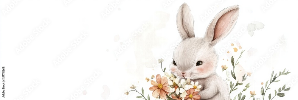 Aufkleber Cuddly rabbit holding a bouquet of flowers in a serene setting with space for text and creativity. Generative AI