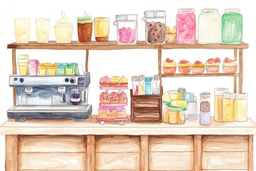 A watercolor illustration of a cozy coffee shop counter with various drinks and pastries