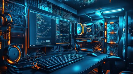 Cyberpunk Gamer Setup: Neon Lights Illuminate High-Tech Gaming Room