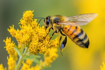 A yellow flower with a black and orange striped bee on it