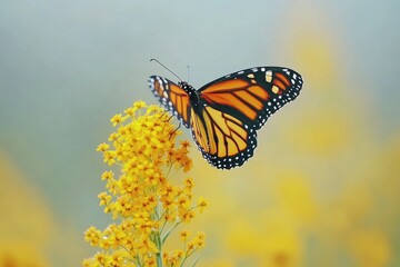 Obraz premium A butterfly is flying over a yellow flower