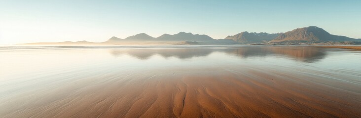 Obraz premium A beautiful beach with a calm ocean and mountains in the background