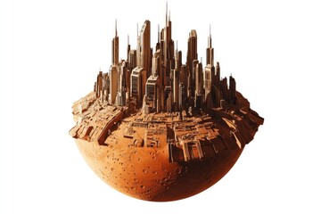 A futuristic city on the surface of a planet, with towering buildings and flying vehicles