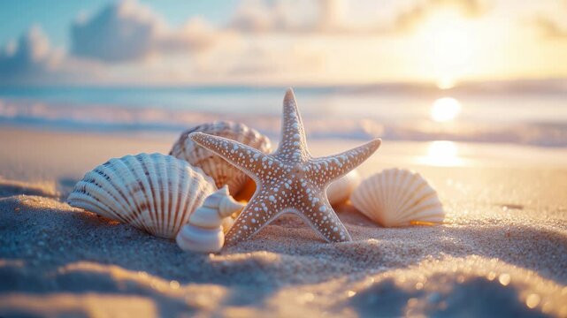 Vacation video showing a starfish and seashells on golden sand by the ocean at sunset. A tranquil and natural scene promoting summer holidays and seaside relaxation.