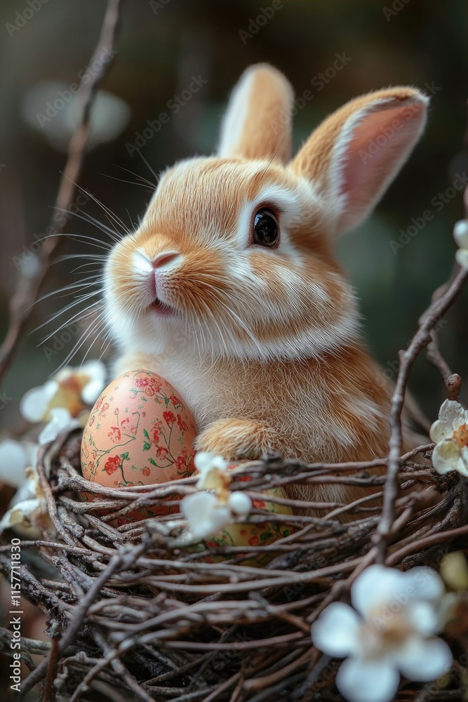 Poster a small rabbit sits in a cozy nest surrounded by a decorated egg