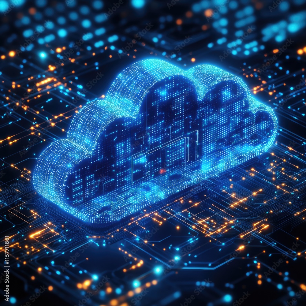 Poster cloud hovering above a digital circuit board, great for technology and innovation concepts