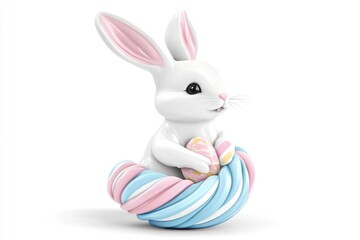 Fototapeta premium A cute white rabbit sitting on top of a colorful ball, ideal for children's illustrations or whimsical designs
