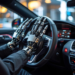 Obraz premium Robot hands on steering wheel Autonomous Self- driving Artificial Intelligent Speed Driver Automation Transporation Technology