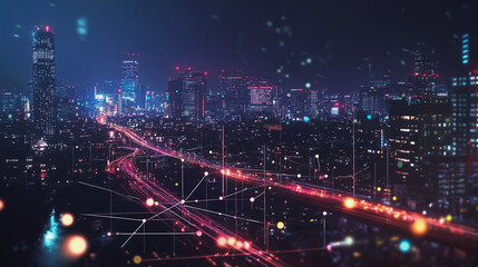 Fototapeta premium Smart digital Innovation city with connection network reciprocity over the cityscape. of future smart wireless digital city and social media networking systems that connects people with in city