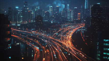 Naklejka premium Smart digital Innovation city with connection network reciprocity over the cityscape. of future smart wireless digital city and social media networking systems that connects people with in city