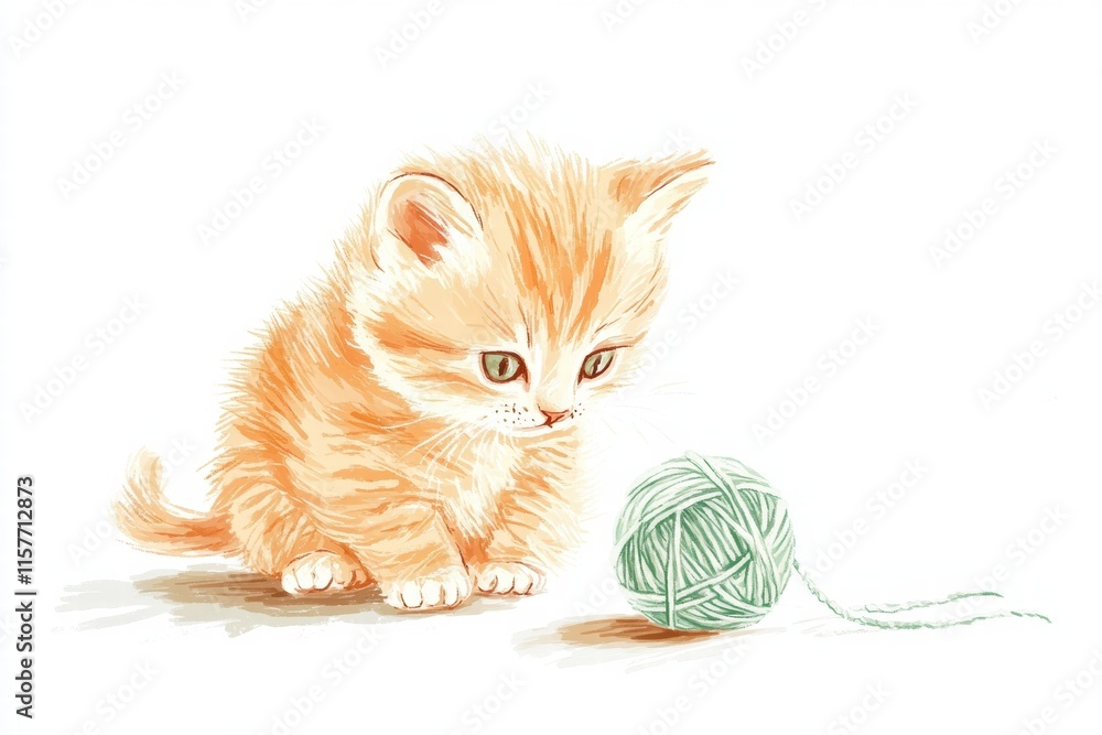 Poster cute kitten curiously playing with a soft ball of yarn in a playful indoor setting. generative ai