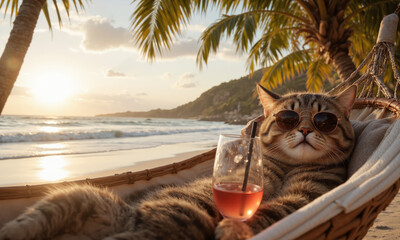 A relaxed cat lying in a hammock, sunglasses on, sipping a chilled drink, with soft waves lapping at the shore