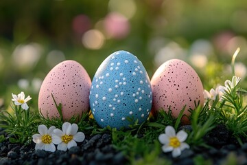 Fototapeta premium A group of colorful Easter eggs sit atop a vibrant green field, perfect for springtime or holiday themes