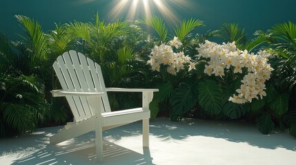 White Adirondack chair in tropical garden.