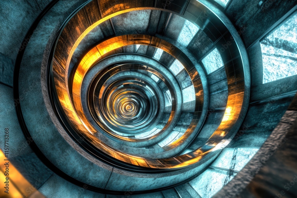 Poster a spiral staircase in a modern building with a clear blue sky in the background