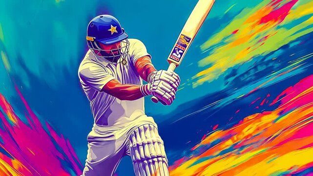 A young South Asian male cricketer swings a bat during a match, surrounded by colorful splashes. The scene conveys energy, excitement, and determination in sports, capturing a dynamic moment.