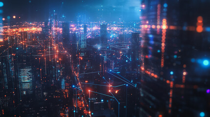 Smart digital Innovation city with connection network reciprocity over the cityscape. of future smart wireless digital city and social media networking systems that connects people with in city