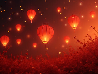 Obraz premium Floating Red Lanterns Illuminating the Night Sky. Chinese New Year