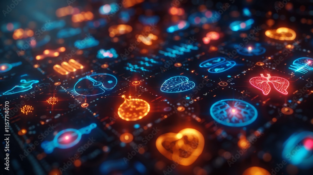 Poster construct a neon array of health condition symbols, such as
