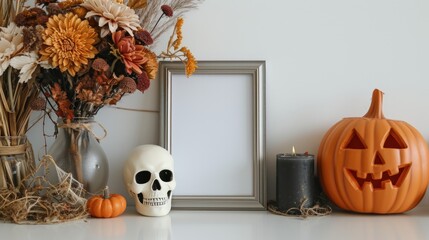 Spooky Halloween Home Decor Table Setting with Carved Pumpkin and Skull