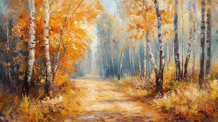 Obraz premium A forest pathway winding through an autumn landscape, with vibrant fall foliage and dappled sunlight streaming through the trees on a sunny day.