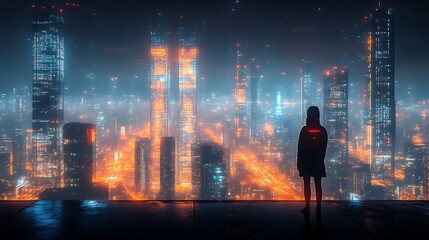 Silhouette Figure Observing a Futuristic Cityscape at Night