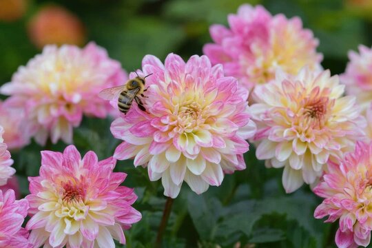 A bee is hovering over a bunch of pink and white flowers