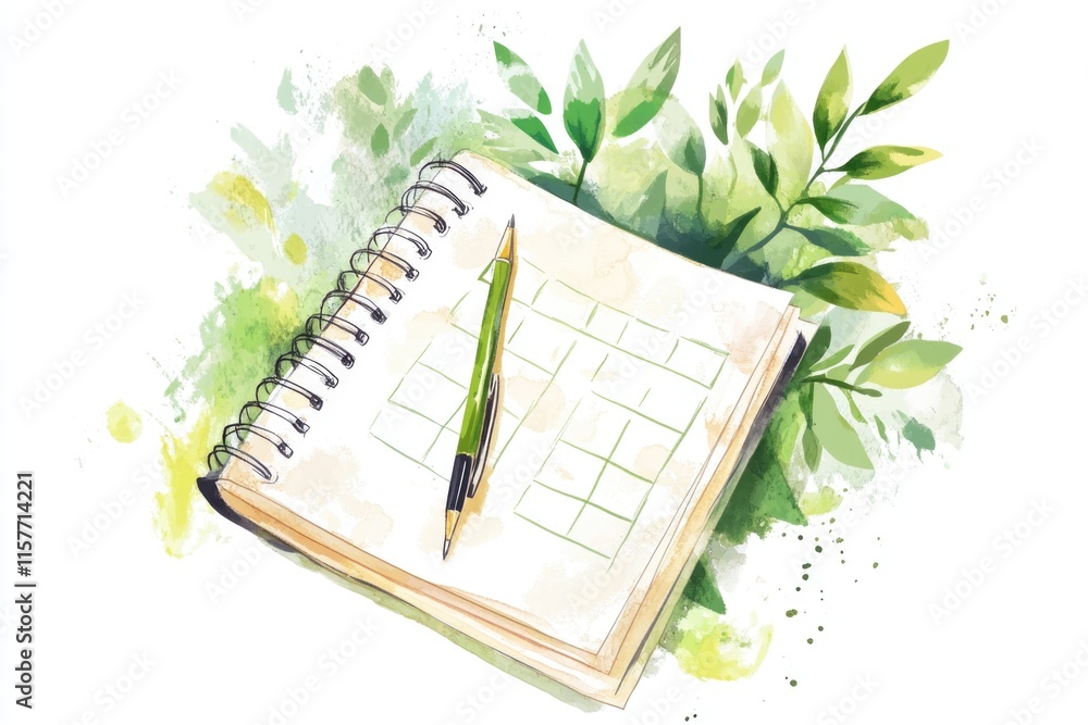 Poster a simple scene showing a green pen lying on top of an open notebook