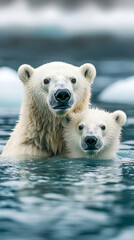 Polar bear with polar bear cub sitting in the water against a backdrop of ice blocks in the ocean. Melting glacier. Сlimate change. Global warming.