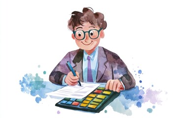 A person working out math problems with a calculator