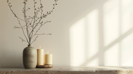 traditional style interior wall mockup featuring a vase with green twigs and a candle on a light brown wooden table against a blank white background, perfect for showcasing natural and organic home de