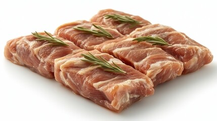 Four raw pork loin pieces garnished with rosemary sprigs on white background.