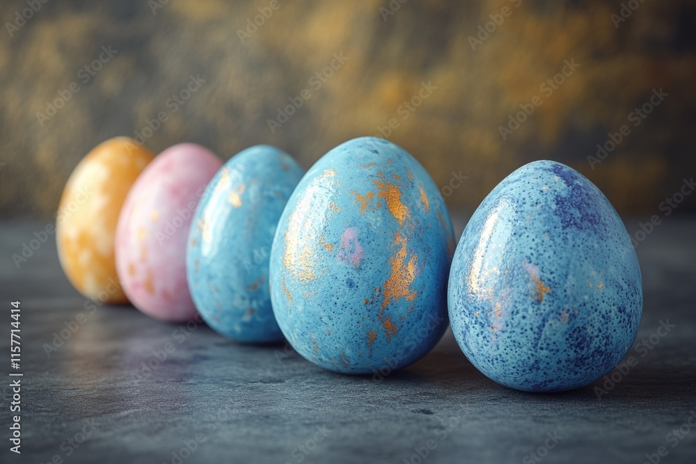 Poster a row of colorful painted eggs arranged on a table