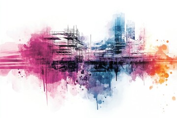 Watercolor painting of an urban cityscape with scaffolding structures