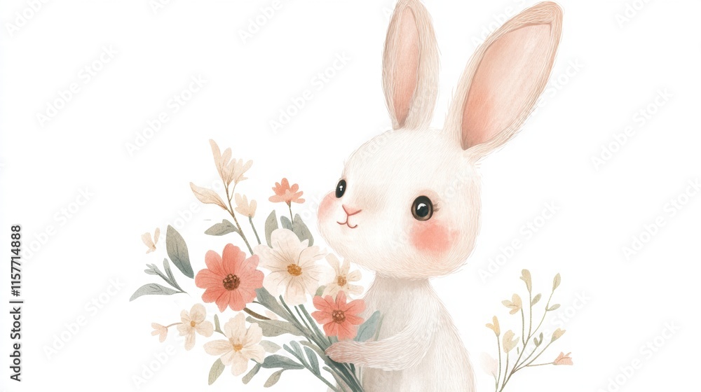 Poster Cuddly rabbit holding a bouquet of flowers with plenty of copy space for text and design elements. Generative AI