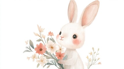 Obraz premium Cuddly rabbit holding a bouquet of flowers with plenty of copy space for text and design elements. Generative AI