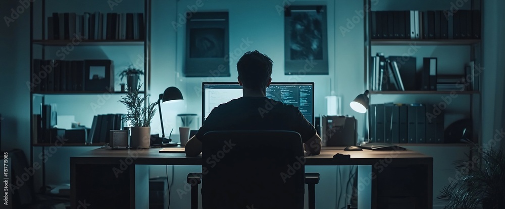 Poster a person working late at a desk with computer screens in a dimly lit room.