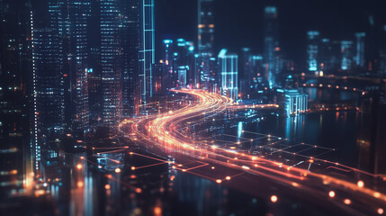 Fototapeta premium Smart digital Innovation city with connection network reciprocity over the cityscape. of future smart wireless digital city and social media networking systems that connects people with in city