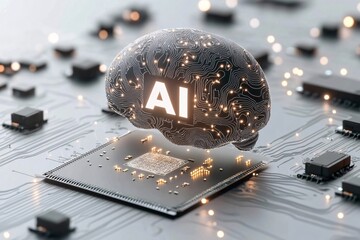 A glowing AI brain hovering above a microchip on a futuristic circuit board, symbolizing artificial intelligence and advanced technology integration