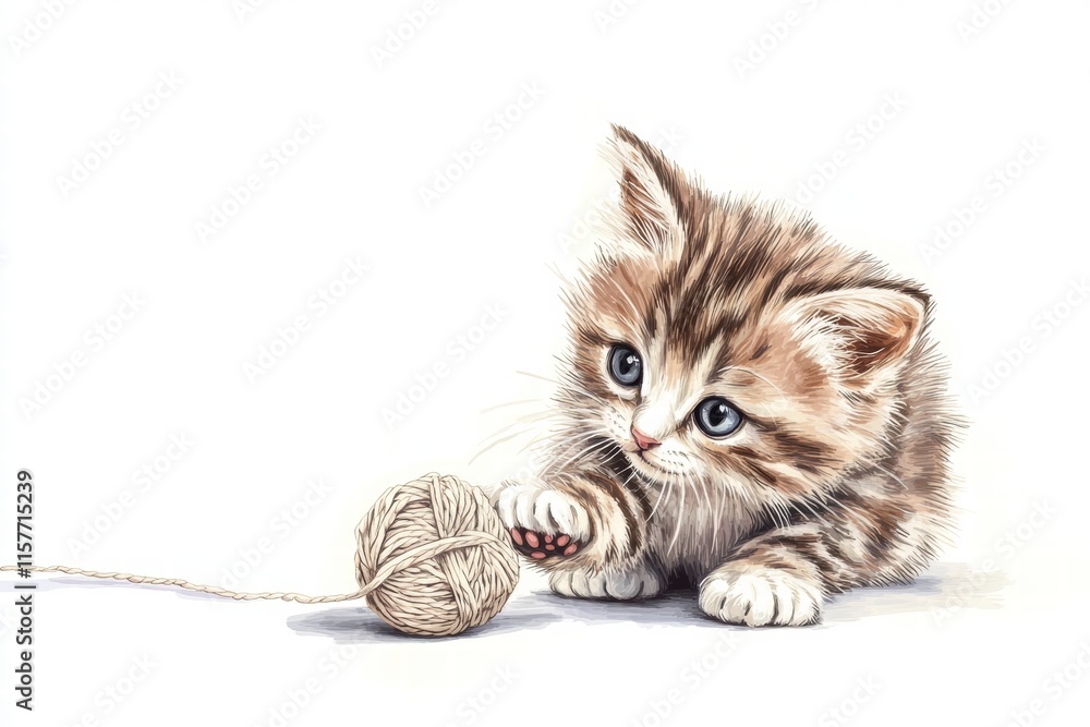 Aufkleber Cute kitten playing with a ball of yarn in a playful moment with plenty of space for text and creativity. Generative AI