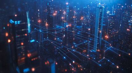 Obraz premium Smart digital Innovation city with connection network reciprocity over the cityscape. of future smart wireless digital city and social media networking systems that connects people with in city