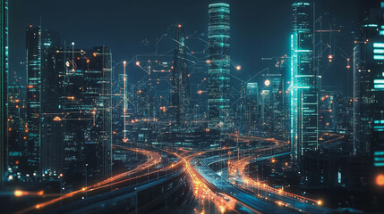 Obraz premium Smart digital Innovation city with connection network reciprocity over the cityscape. of future smart wireless digital city and social media networking systems that connects people with in city
