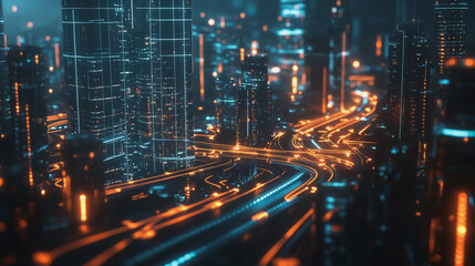 Naklejka premium Smart digital Innovation city with connection network reciprocity over the cityscape. of future smart wireless digital city and social media networking systems that connects people with in city