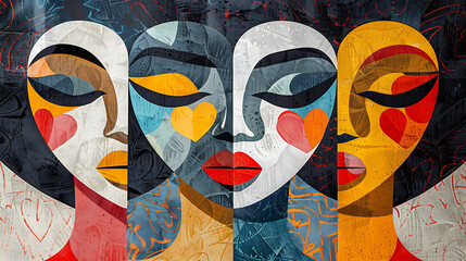 united hearts in neo cubism vintage poster celebrating togetherness and cultural expression perfect for artistic design
